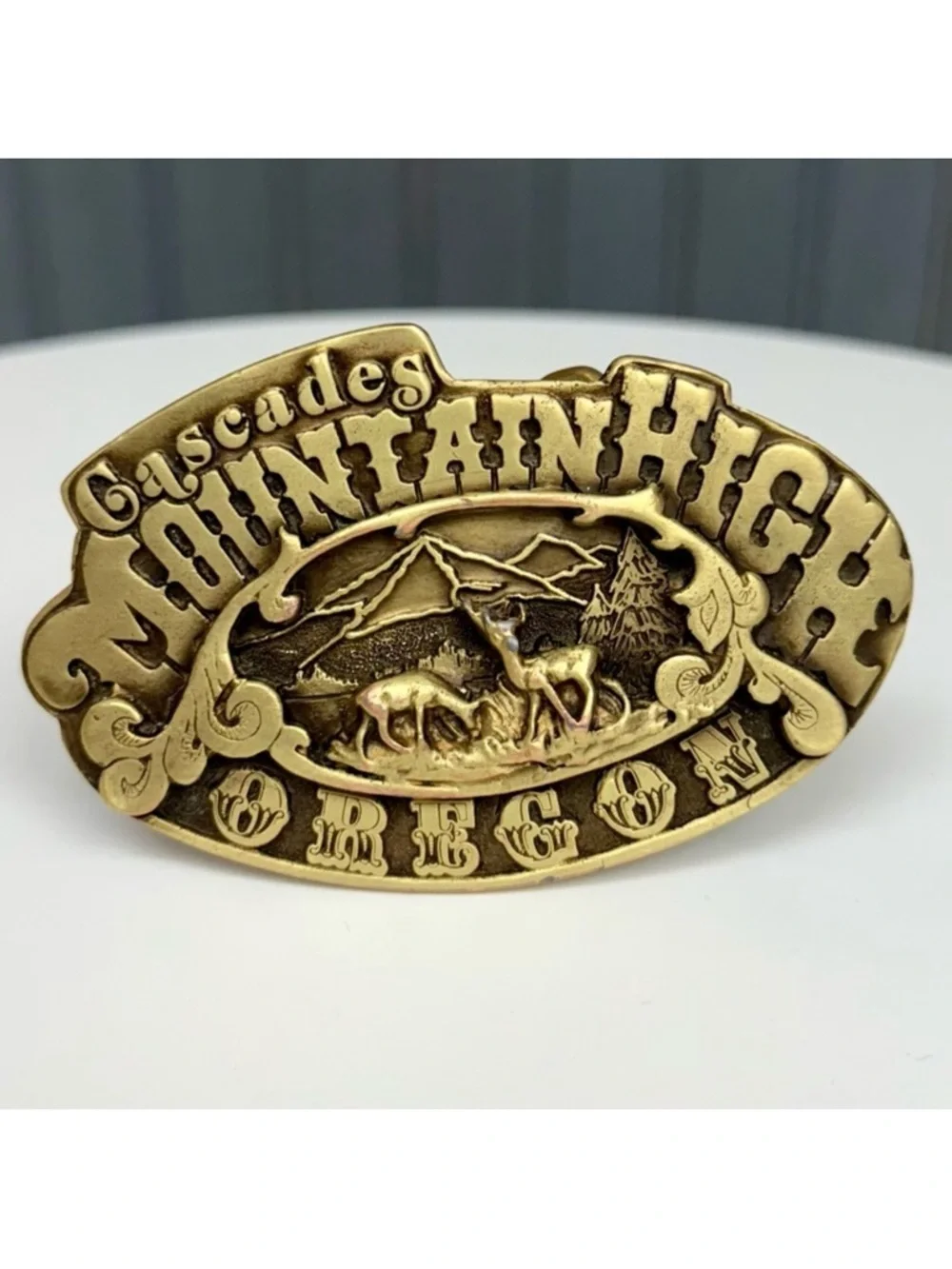 Vintage 1975 Adezy Cascades Mountain High Oregon Belt Buckle Brass Tone